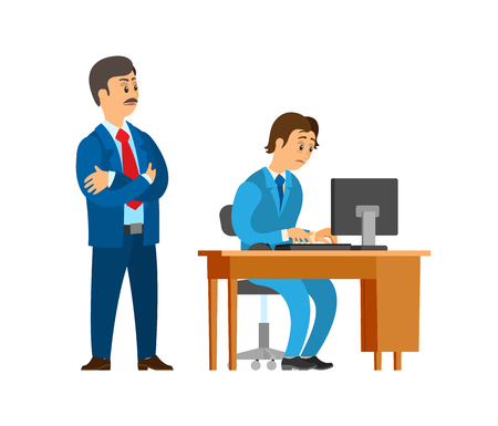 Boss company leader supervising new office worker vector. Director dissatisfied with novice working on personal computer. Unsure new employed personのイラスト素材