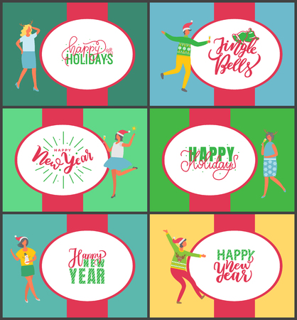 Jingle bells happy New Year and Merry Christmas celebration posters on multicolor background. People with champagne drinking alcohol and dancing. Fun party of man and womanのイラスト素材