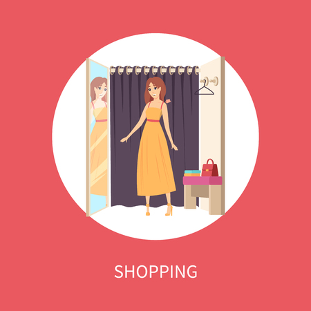 Shopping woman client in changing room trying on dress vector. Mirror with reflection of lady wearing robe, hanger curtain. Customer choosing clothesのイラスト素材
