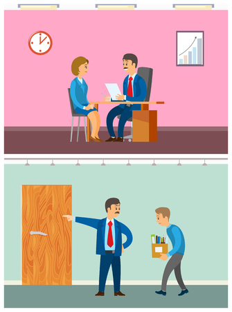 Boss discharging worker from duty, woman on interview with director of company vector. Chief looking at cv of applied candidate. Fired sacked personのイラスト素材