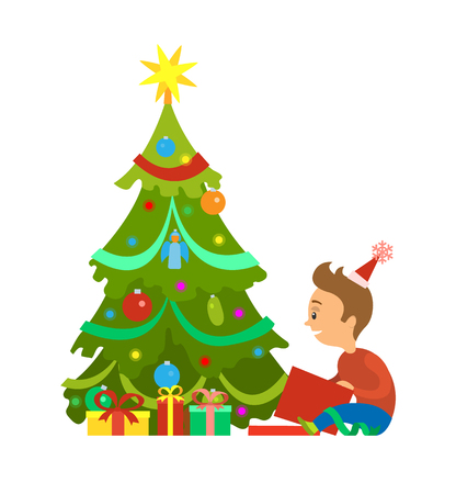 Merry Christmas postcard boy unpacking gifts under New Year tree, decorated spruce with balls and gift boxes, wrapped in paper, vector isolated on whiteのイラスト素材