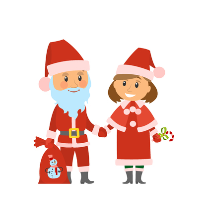 Santa Claus and helper in traditional costumes vector. Christmas winter holidays characters with bag full of presents to kids. Sack with snowman printのイラスト素材