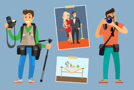 Photographers with digital cameras or photo equipment. Guy holding tripod, setting lens, celebrities couple, still life picture vector illustration.のイラスト素材