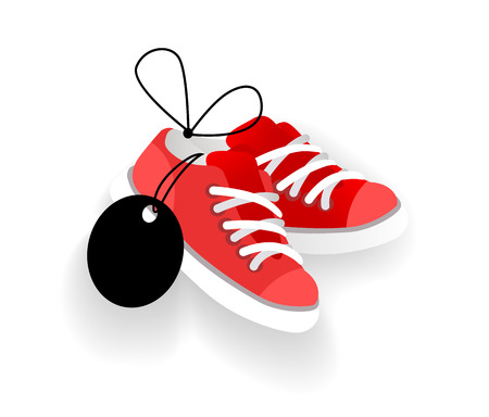 Sneakers with blank price tag, footwear shopping. Outfit item for sale, badge template, online commerce icon, retail vector illustration isolatedのイラスト素材