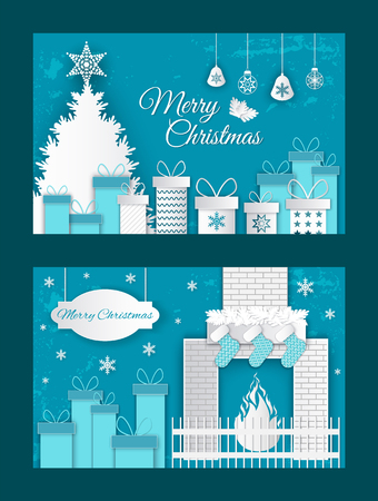 Merry Christmas origami postcard with abstract fire in fireplace, presents with bows in gift boxes. Vector paper cut greeting card with snowflakesのイラスト素材
