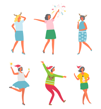 Christmas party, people celebrating New Years eve, reindeer and snowman prints vector. Woman company disco entertainment. Female with bengal lightのイラスト素材