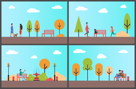 Man resting on bench of autumn park on sunny day vector. Outdoors fun people, fall season relaxation in wood. Teenagers and children with cat and dogのイラスト素材