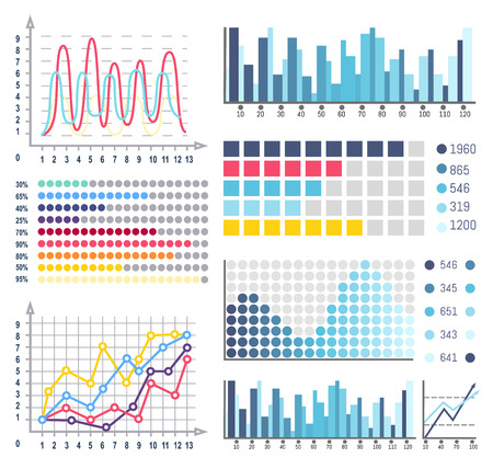 Data visual representation of business results vector. Flowcharts and graphics, schemes with scales curves in different colors. Visualize informationのイラスト素材