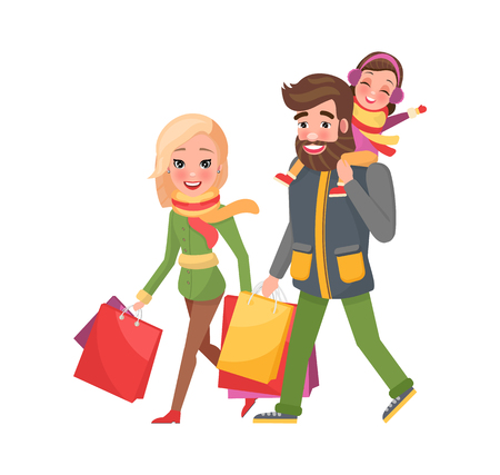 Happy family mother, father, daughter returns from shopping. Couple and children with bags full of presents, gift boxes vector. Christmas holidays celebrationのイラスト素材
