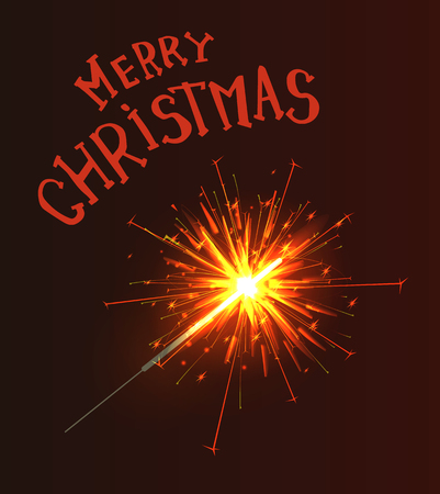 Merry Christmas Bengal light in realistic design, vector. Greeting text, sparkler with burning fire isolated on brown. New Year congratulation postcardのイラスト素材