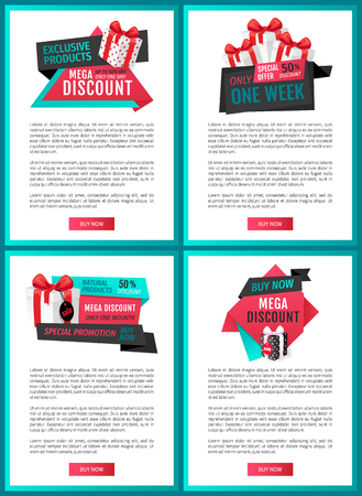 Super offer, best choice 50 percent off reduced price web page templates vector. Boxes with bow, gift exclusive products, only one day sale of shopsのイラスト素材