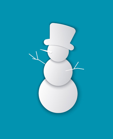 Christmas paper cut white snowman. Three circles with hat and hands from branches with nose on blue background. Handmade excision vector illustrationのイラスト素材