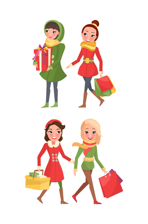 Christmas preparation, shoppers with paper bags vector. Winter holidays approaching, female friends shopping for presents. People with packages giftsのイラスト素材