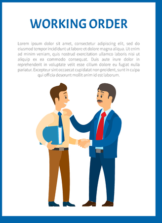 Working order, boss giving instructions to employee, conversation between colleagues. Leader encouraging coworker, praising for good job, vector posterのイラスト素材