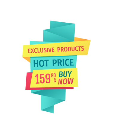 Exclusive product hot price buy now poster with swirly ribbons and text. Discount of shop or storage. Clearance reduction of prices isolated on vectorのイラスト素材