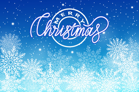 Merry Christmas postcard with snowflakes isolated on blue background. Winter snow decorative flakes, New Year ornamental symbols, lettering greetingsのイラスト素材