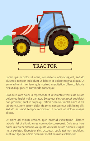 Agricultural machinery icon cartoon vector banner. Middle tractor with glass cabin, isolated on landscape, new technique, farming equipment posterのイラスト素材