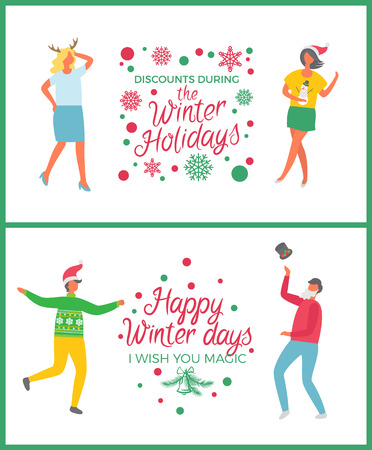 Happy winter holidays celebration discounts during Christmas set vector. Dancing man and woman celebrating new year. Offers and shops propositionsのイラスト素材