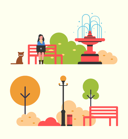 Woman freelance worker sitting on wooden bench in autumn park vector. Dog strolling animal by lady, fountain and lantern. Trees and bushes with leavesのイラスト素材