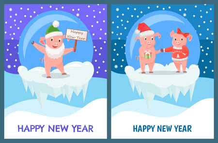 Happy New Year greeting cards with pigs boy and girl giving presents to each other. Piglet with sign board in snowy ball, cliff of ice vector, snowflakesのイラスト素材