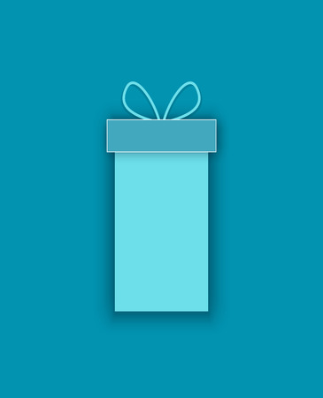 Vector package box, bow on top decoration, surprise on Christmas and New Year. Wrapped Xmas present cut out icon, isolated on blue, shopping symbolのイラスト素材