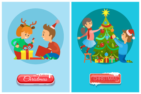 Christmas eve, children opening presents and decorating Xmas tree vector. Girl wearing reindeer horns accessories unpack gifts, greeting card, push buttonのイラスト素材