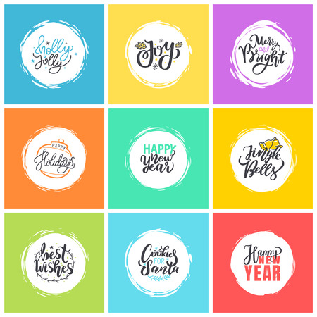 Merry Christmas, Holly Jolly quote, happy holidays and New Year, joy greeting cards design, lettering font, stars and snowflakes. Inscriptions in color frames backgroundsのイラスト素材