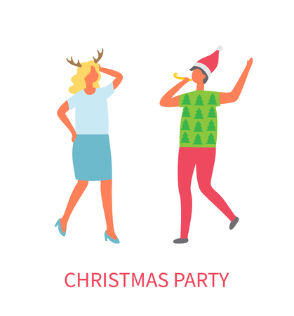 Christmas party, two business managers dancing at corporate fest celebrating New Year and Xmas holiday. Vector cartoon style man and woman isolatedのイラスト素材
