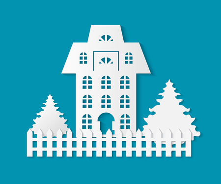 Building with Fence and Pine Tree Growing by Homeのイラスト素材