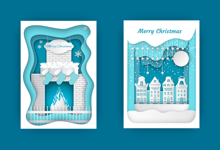 Merry Christmas in homely atmosphere near fireplace with decorated, snowflake and stars. Residential buildings and moon with dark night vector illustrationのイラスト素材