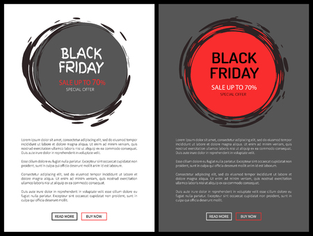 Black Friday, save up to 70 percent vector promo price, discount labels online web page. Total sale mega offer. Round stickers icons with sketch frameのイラスト素材