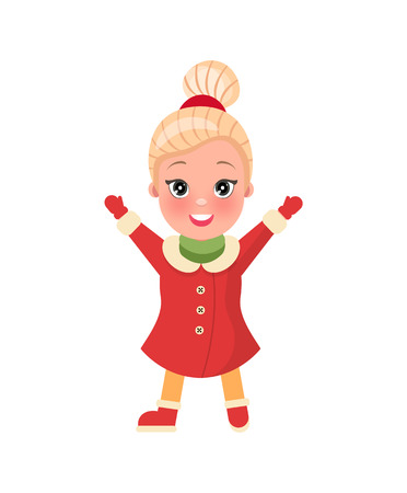 Christmas shopping. Little happy and smiling girl standing with hands raised up. Red dress with mittens and shoes, blonde hair and dark eyes vectorのイラスト素材