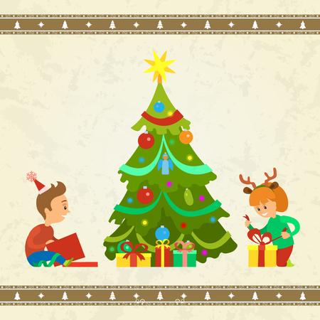 Christmas holiday atmosphere, children with gifts vector. Kids boy and girl by pine evergreen tree unpacking presents from parents. Winter vacationsのイラスト素材