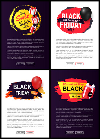 Black Friday sale tags, set of web site typography pages with label, information about price reduction on promo leaflets, vector brochures discountsのイラスト素材