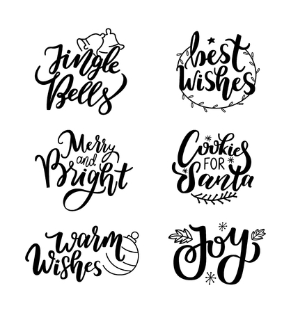Happy New Year, Jingle bells and warm wishes, joy and cookies for Santa inscription lettering, happy winter days greetings. Typography calligraphic doodlesのイラスト素材