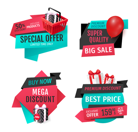 Mega discount, exclusive product on sale banners set vector. Presents in shopping basket, inflatable balloon bought on special shop offer propositionのイラスト素材