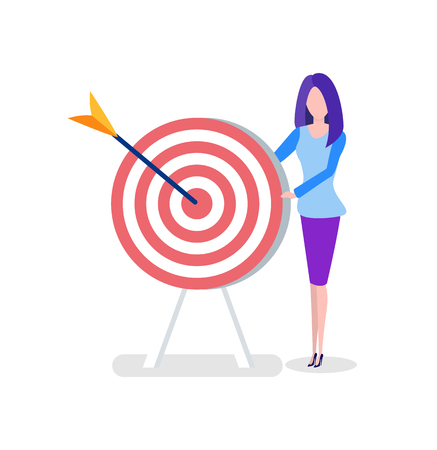 Office worker with target or aim and arrow, woman. Female character in office outfit, goal or achievement, marketing or online business vector illustrationのイラスト素材