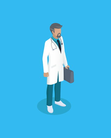 Doctor in uniform, working concept vector icon. Standing man in white smock with suitcase in hand and stethoscope on neck, vector in cartoon styleのイラスト素材