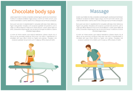 Massage and chocolate body spa procedures by professional masseur. Client lying on table and relaxing vector with text. Beauty salon services for peopleのイラスト素材