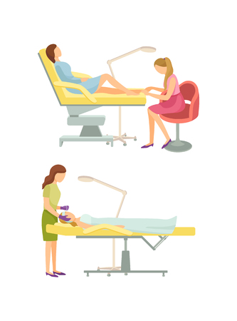 Spa salon cosmetician procedures on face and pedicure toe nails care vector. Beauty experts working with clients relaxing on chris. Pedicurist serviceのイラスト素材