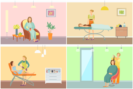 Beauty salon interior with clients and equipment posters vector set. Specialist in uniform and rubber gloves, customer sitting on armchair, depilationのイラスト素材