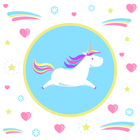 Flying unicorn from dreams, pattern in circle. Legend, mysterious horse surrounded by hearts and dots. Childish animal character with rainbow mane vectorのイラスト素材