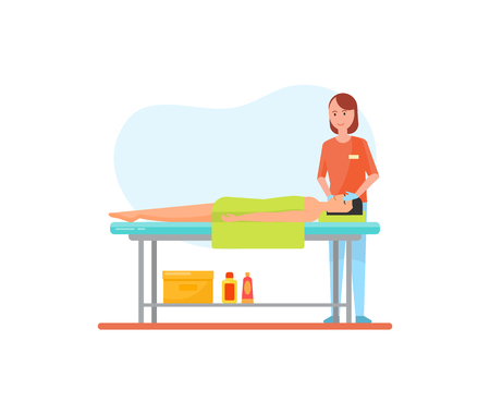 Massage treatment facial care by masseuse. Patient with towel lying on special table with closed eyes. Face cosmetic therapy of man client male vectorのイラスト素材