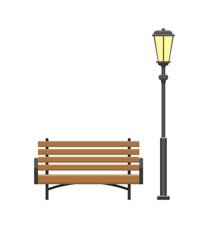 Bench made of wooden material with lantern, set of isolated icons vector. Furniture at city park, lamp illuminating bright light and place to seatのイラスト素材