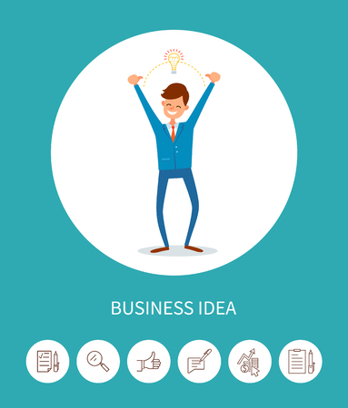 Business idea, man with electric bulb above head, lamp symbolizing eureka vector. Man with innovative thoughts, genius chief executive, director iconsのイラスト素材