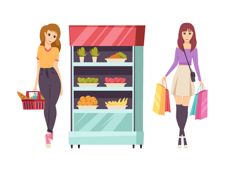 Food shopping customer with basket set vector. Refrigerator with vegetables and fruits, banana and apple, carrot and orange. Lady with buying breadのイラスト素材