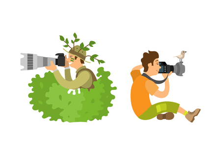 Photojournalist with camera gear, make zoom on shooting equipment, bird sitting on gadget. Paparazzi photographer isolated freelancer on job vectorのイラスト素材