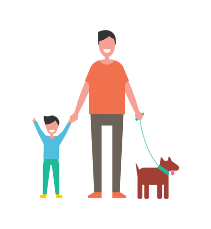 Dad and son plays with dog vector isolated on white. Happy fatherhood concept, father and boy spend time together, leisure activities, walk with petのイラスト素材