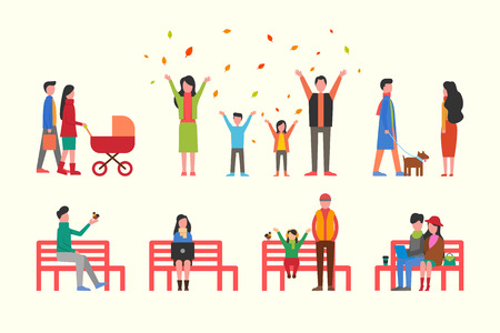 Man in park, family pram, playing with leaves vector. Male with bird, father and daughter, couple working with laptop. Freelancers, woman walking dogのイラスト素材