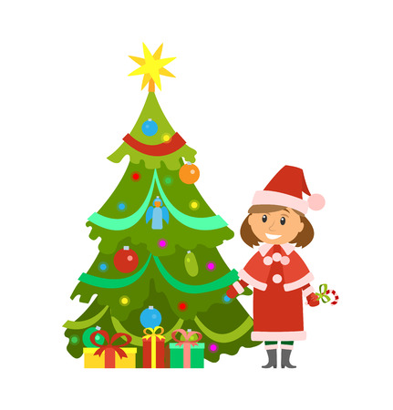 Christmas holidays evergreen pine tree and snow maiden woman vector. Decorated fir spruce with shining star toy on top. Garlands and baubles ballsのイラスト素材